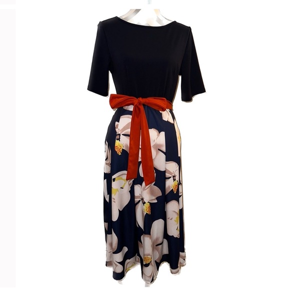 Beautiful navy blue dress with floral skirt and orange sash tie back zip large - Picture 7 of 13